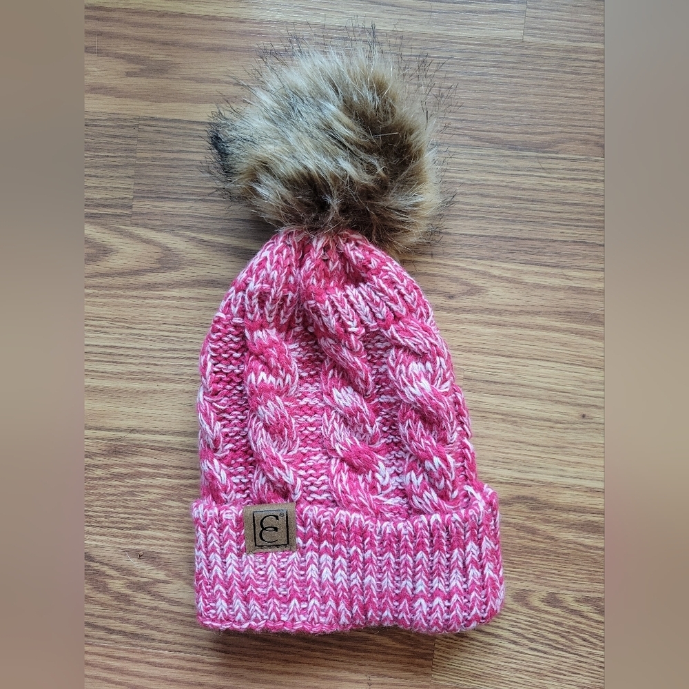 C.C Women's Pink Space Dye Knit Fur Pom Beanie Hat